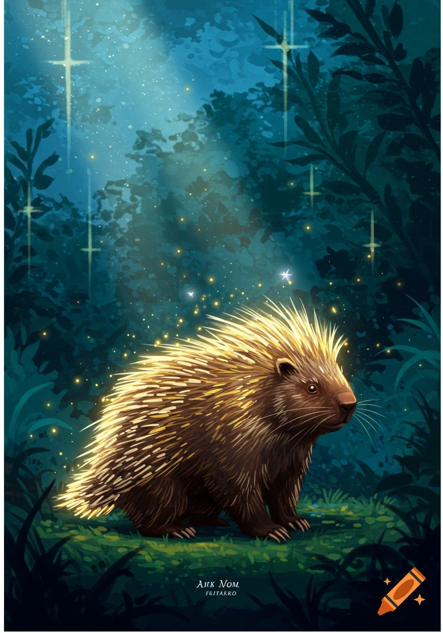 A porcupine with glowing golden quills stands in a magical, dark blue forest with sparkling lights and shafts of light.