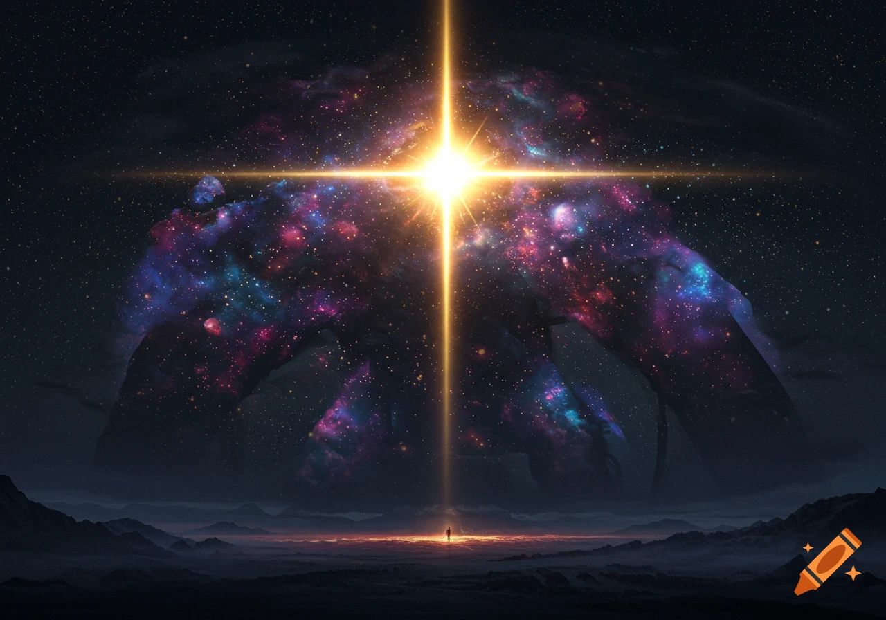 A bright, cross-shaped star illuminates a vast, colorful nebula forming a creature in a dark sky above a tiny person on a plain.