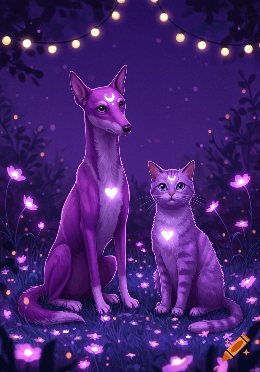 Purple dog and cat with glowing hearts and moon symbols in a field of glowing purple flowers, whimsical art.