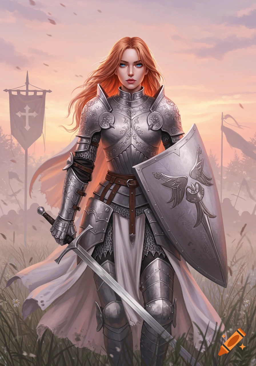 A red-haired female knight in ornate silver armor stands in a grassy field at sunset, holding a sword and shield.