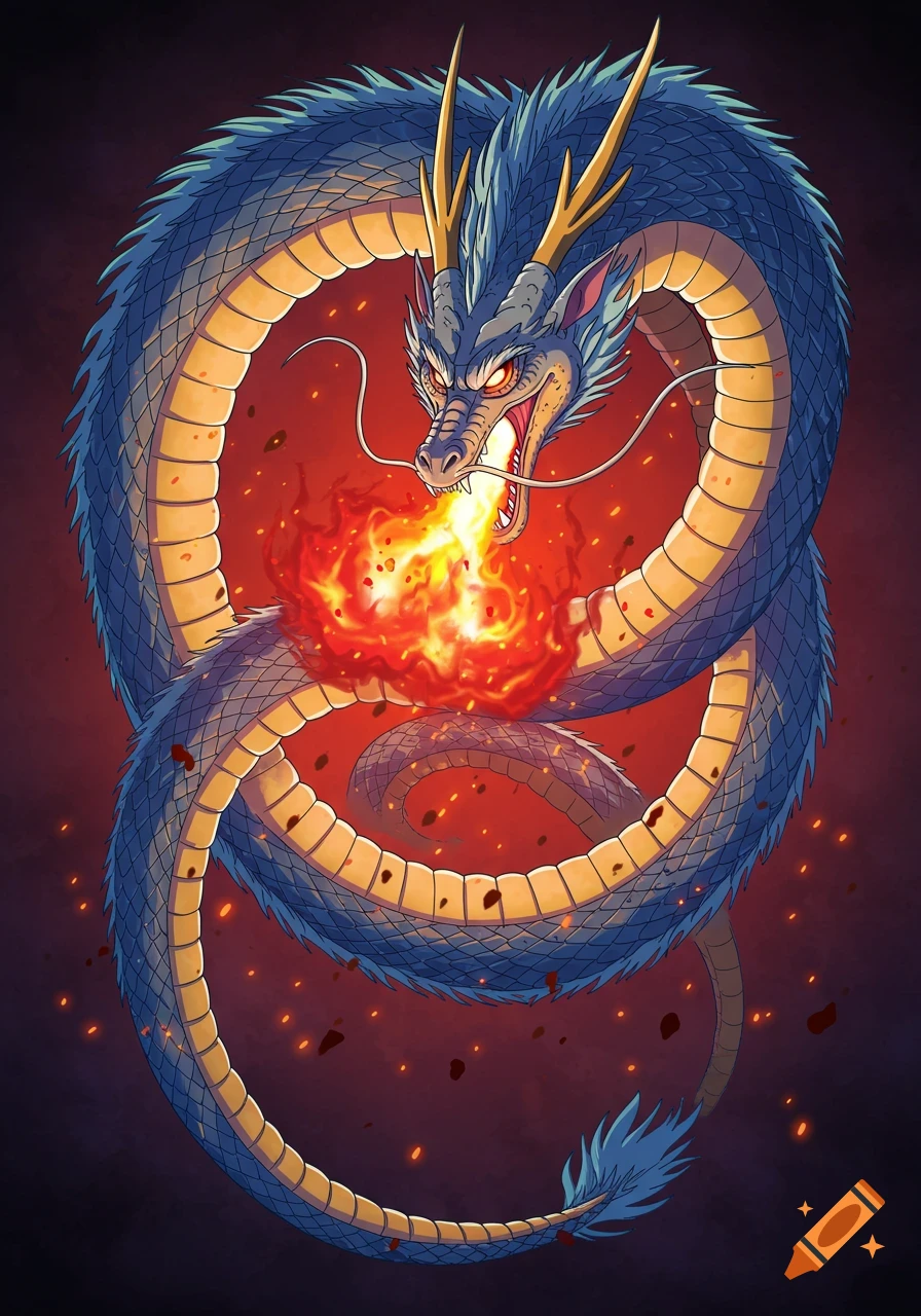 An anime-style blue dragon in an ouroboros pose breathes orange flames amidst fiery debris.