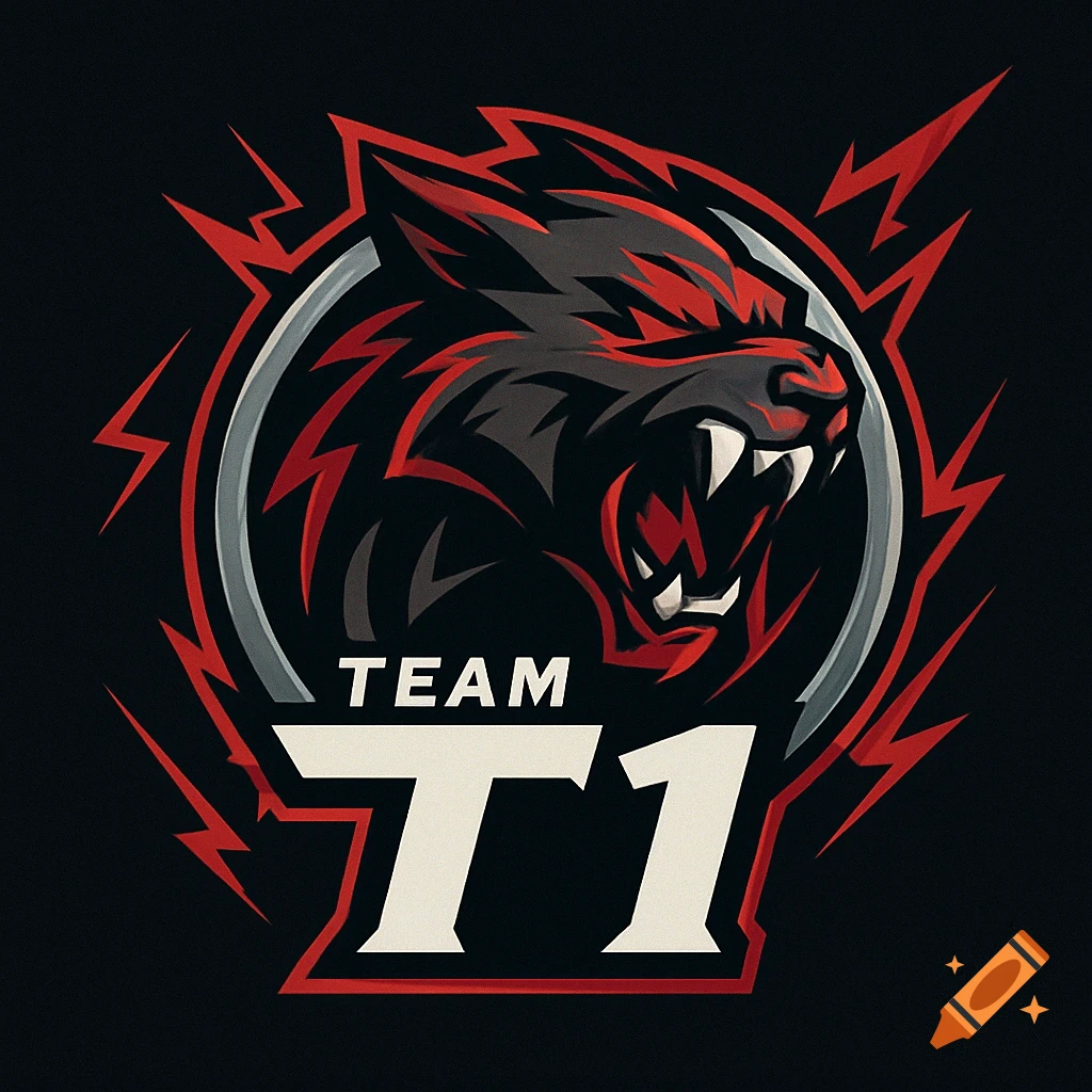 Stylized esports logo featuring an aggressive red and black wolf head, with the text 'TEAM T1' below it, on a dark background.
