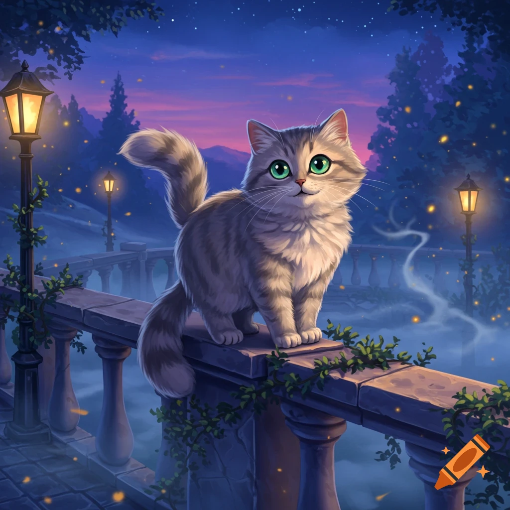 A cute, fluffy grey tabby cat with large green eyes sits on a stone railing at night, illuminated by glowing streetlights.