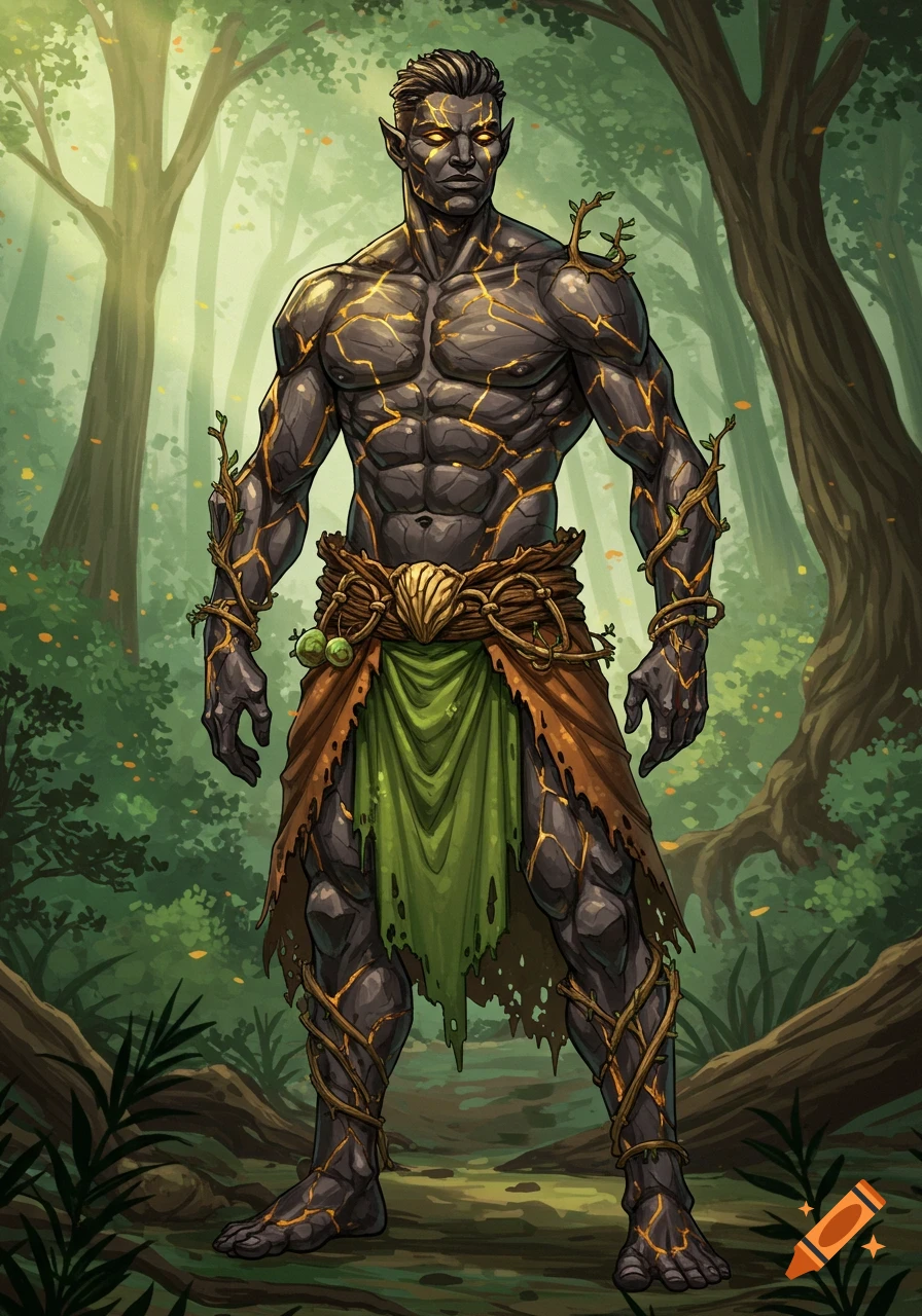 A muscular, dark stone-skinned earth genasi druid with golden cracks and glowing eyes stands in a vibrant forest, wearing tattered robes.