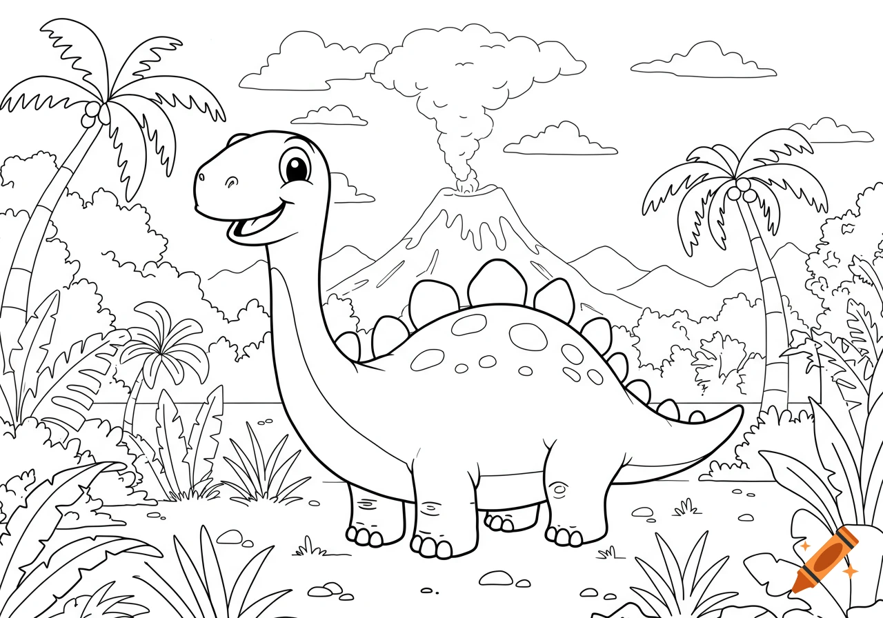 A smiling cartoon brachiosaurus in a prehistoric landscape with a volcano and palm trees, rendered as a black and white coloring page.