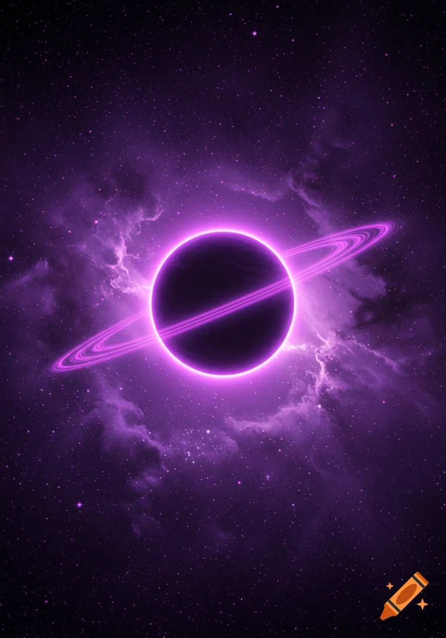 A dark planet with bright purple glowing rings and a purple halo, set against a dark purple starry space with nebulae.