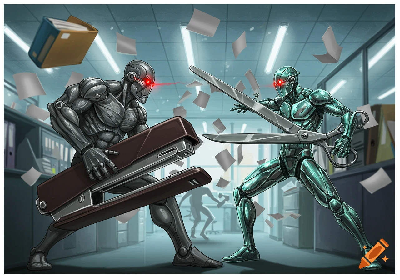 A silver robot wielding a giant stapler battles a teal robot with giant scissors in a chaotic office, papers flying. Comic art style.