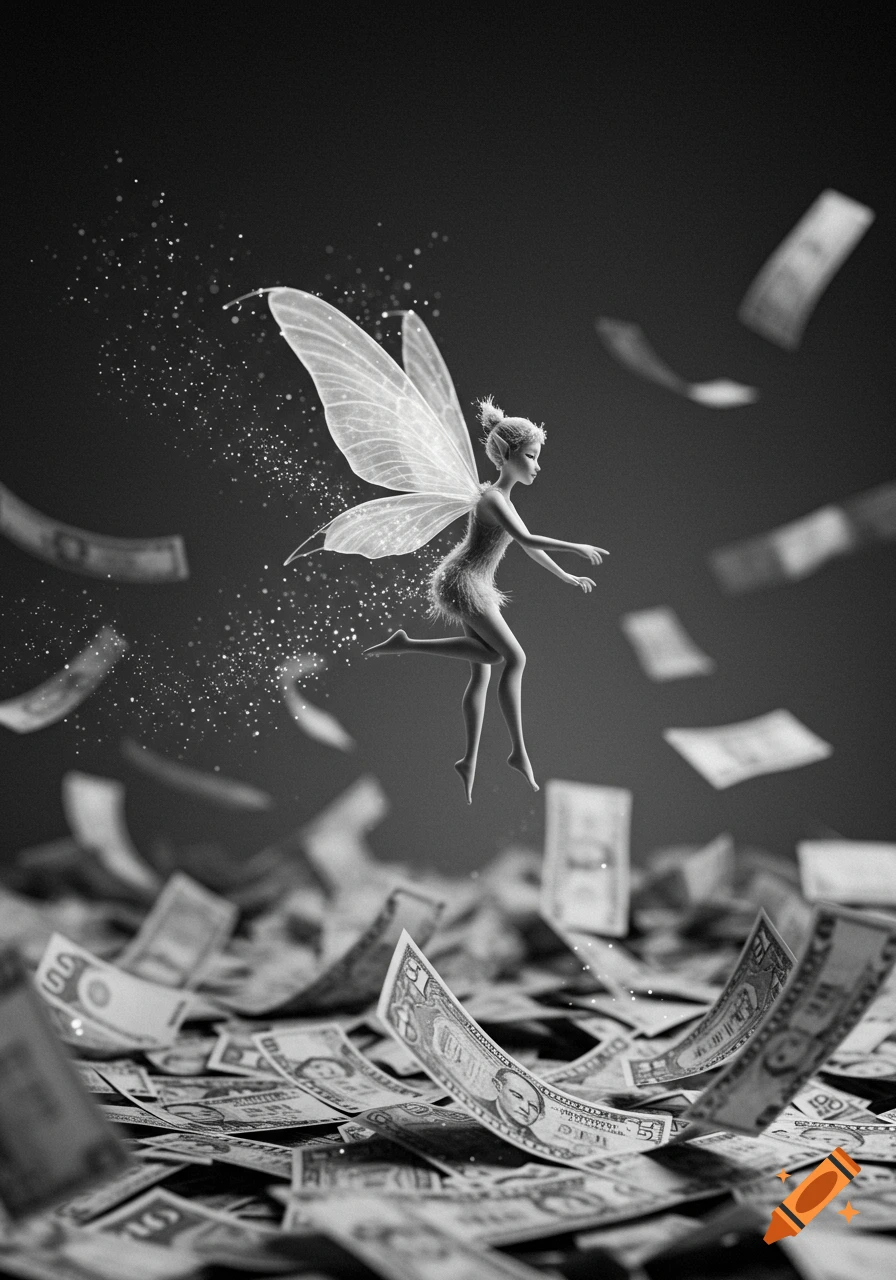A black and white image of a fairy flying above a pile of money, with more money falling around her, surrounded by sparkling dust.