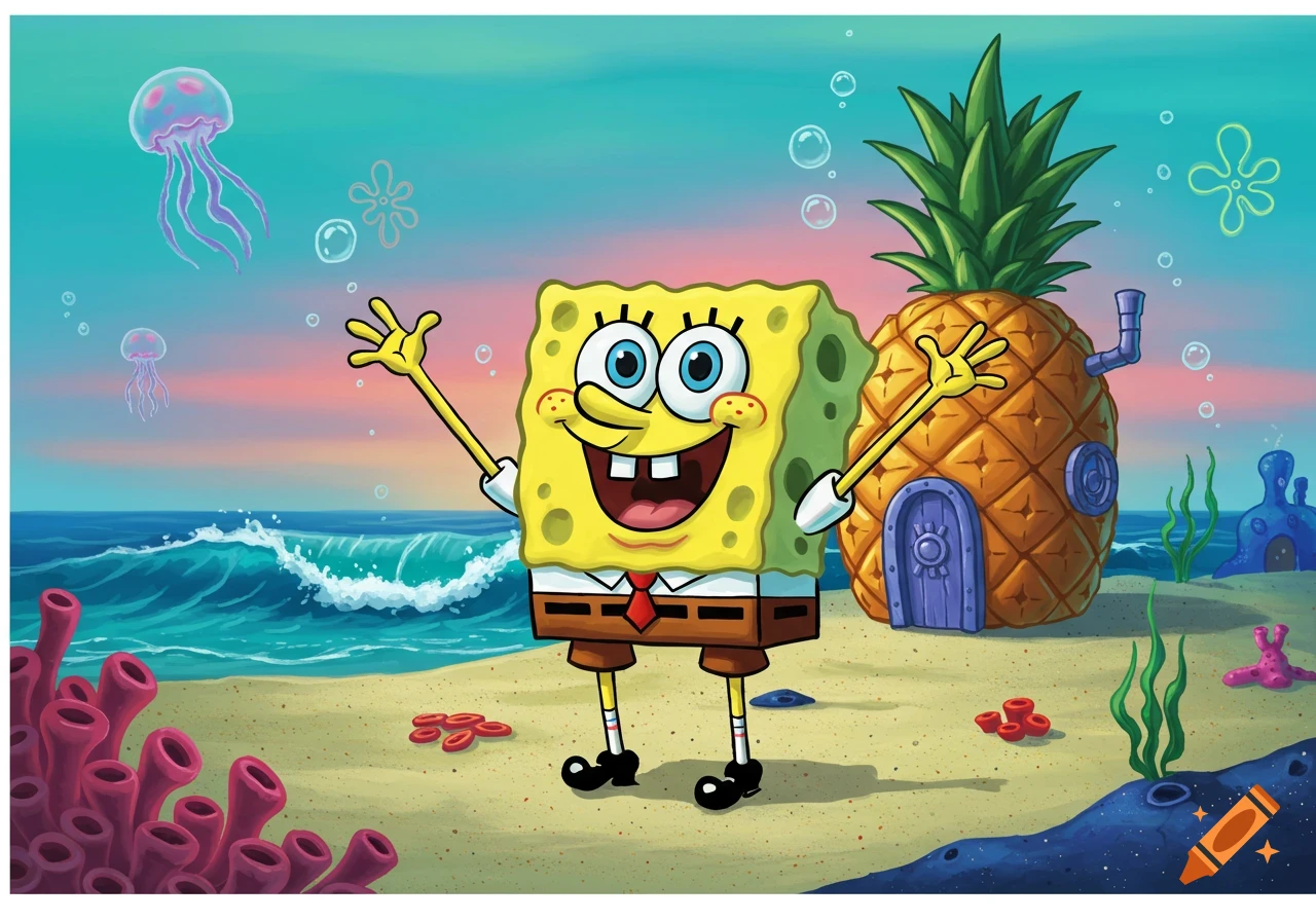 SpongeBob SquarePants smiles on a sandy seafloor with his pineapple house, ocean, jellyfish, and coral.
