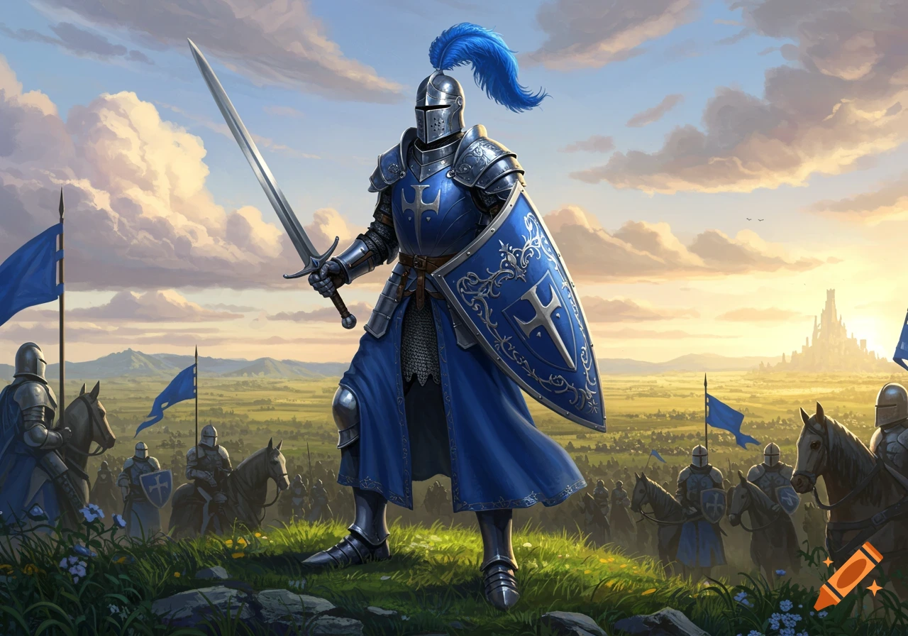 A medieval knight in blue armor and plume stands on a hill, holding a sword and shield, with an army behind him.