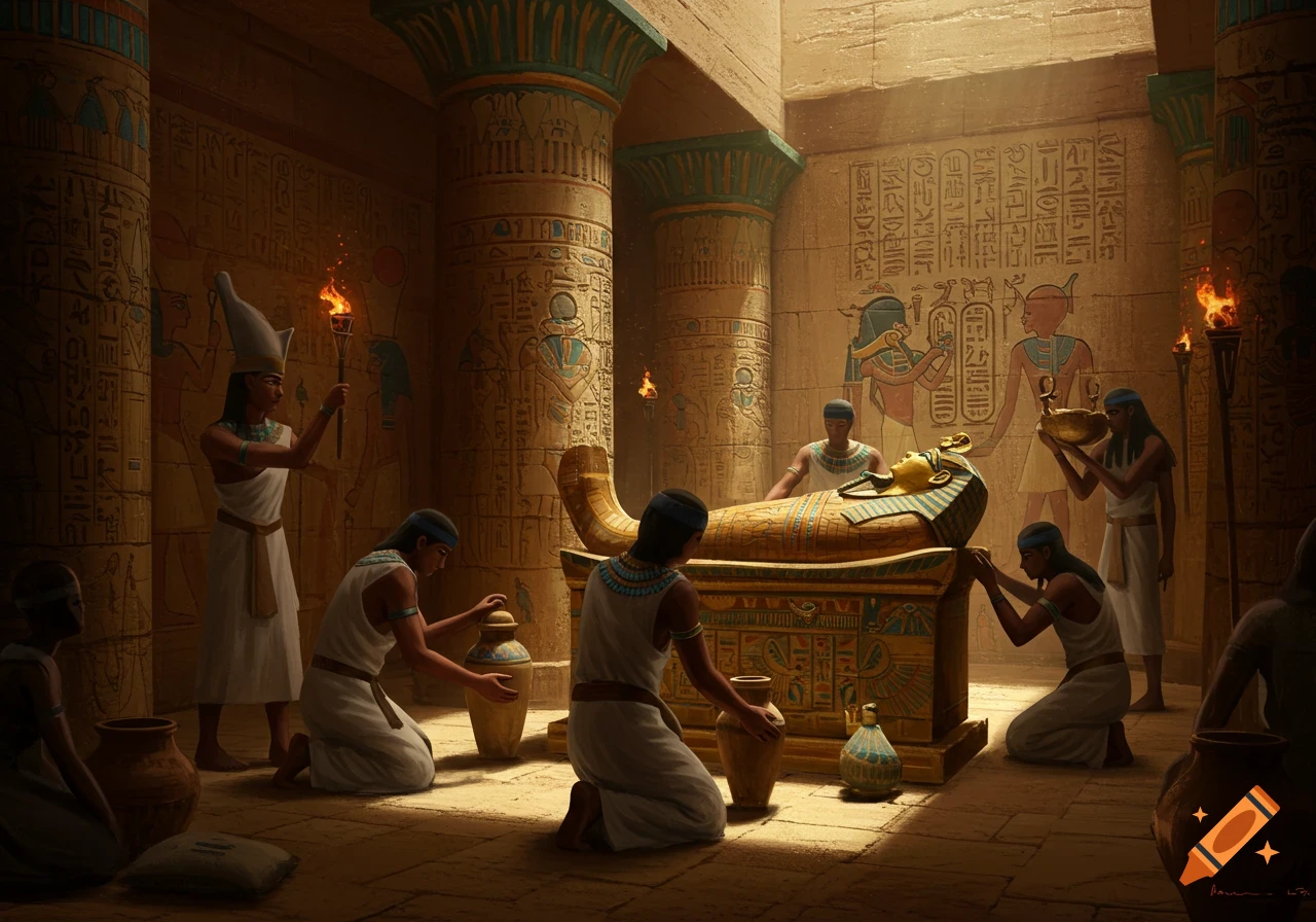 Ancient Egyptian servants prepare a pharaoh's gold sarcophagus in a dimly lit tomb with hieroglyph-covered pillars.