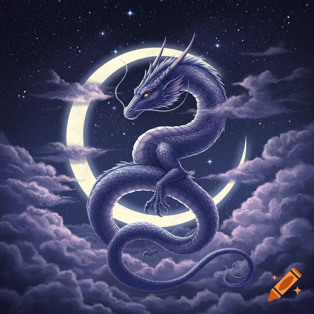 A majestic purple dragon curled around a glowing crescent moon in a dark, star-filled night sky with purple clouds.
