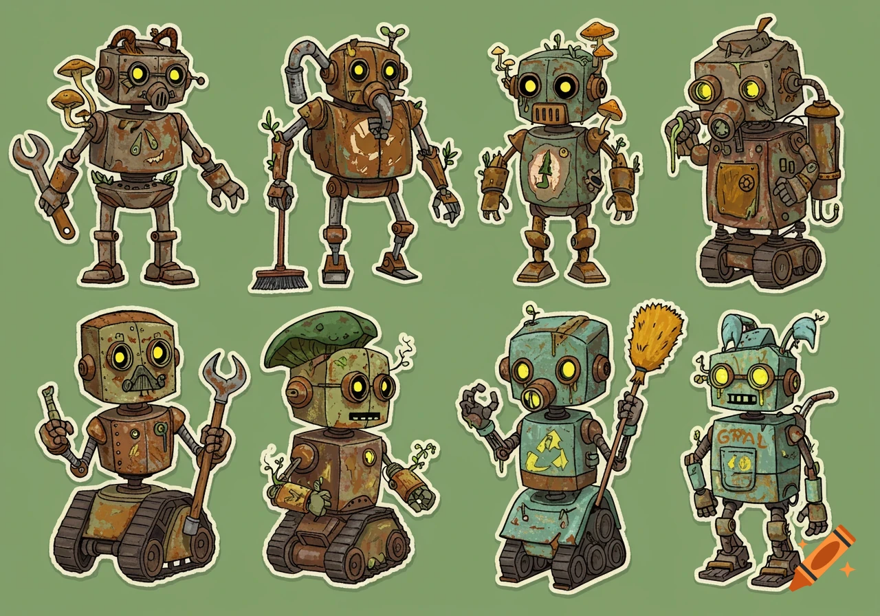 A collection of eight stylized, rusty, post-apocalyptic steampunk robots, some with mushroom or plant elements, on a green background.
