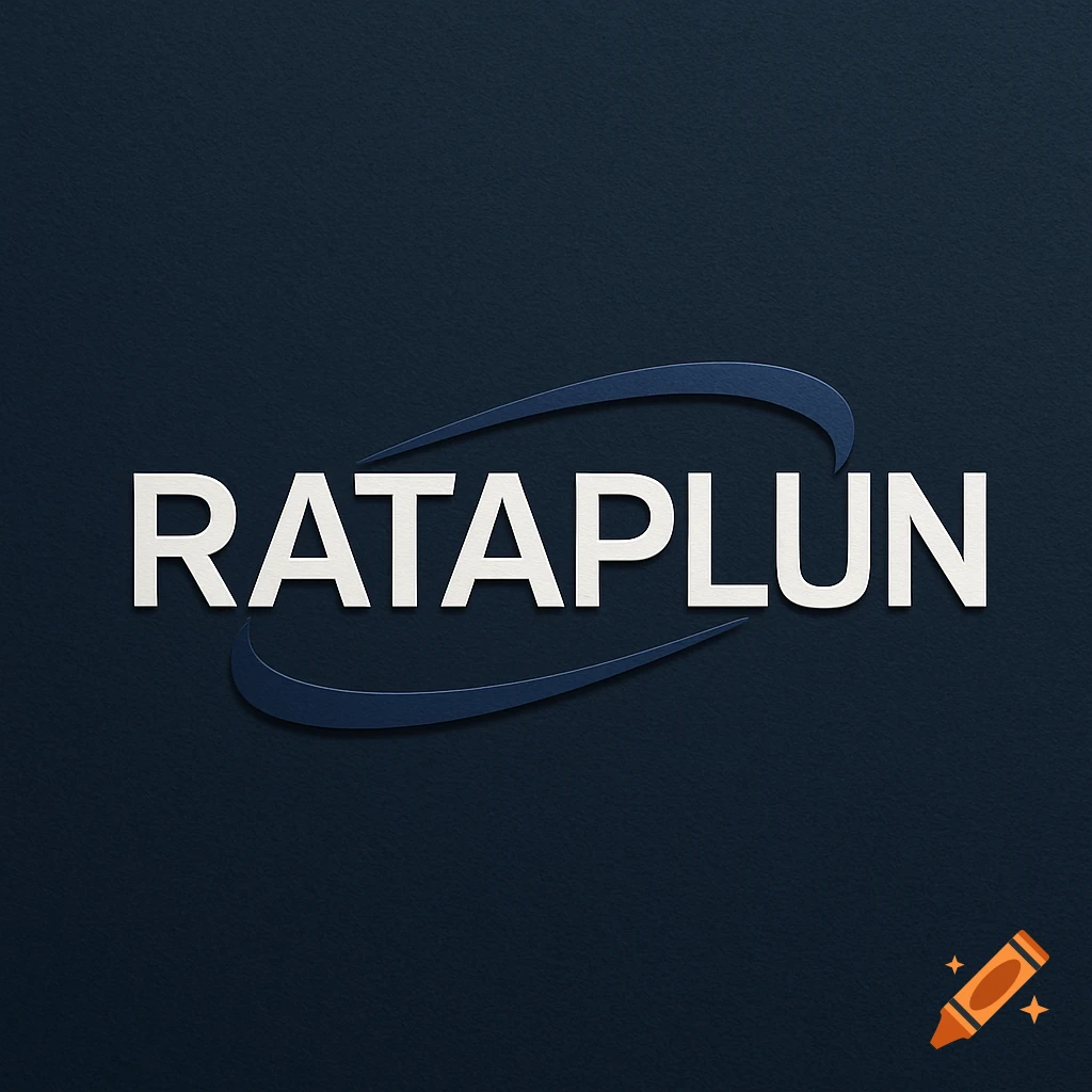 Professional logo for RATAPLUN with white 3D text and blue swooshes on a dark blue textured background.