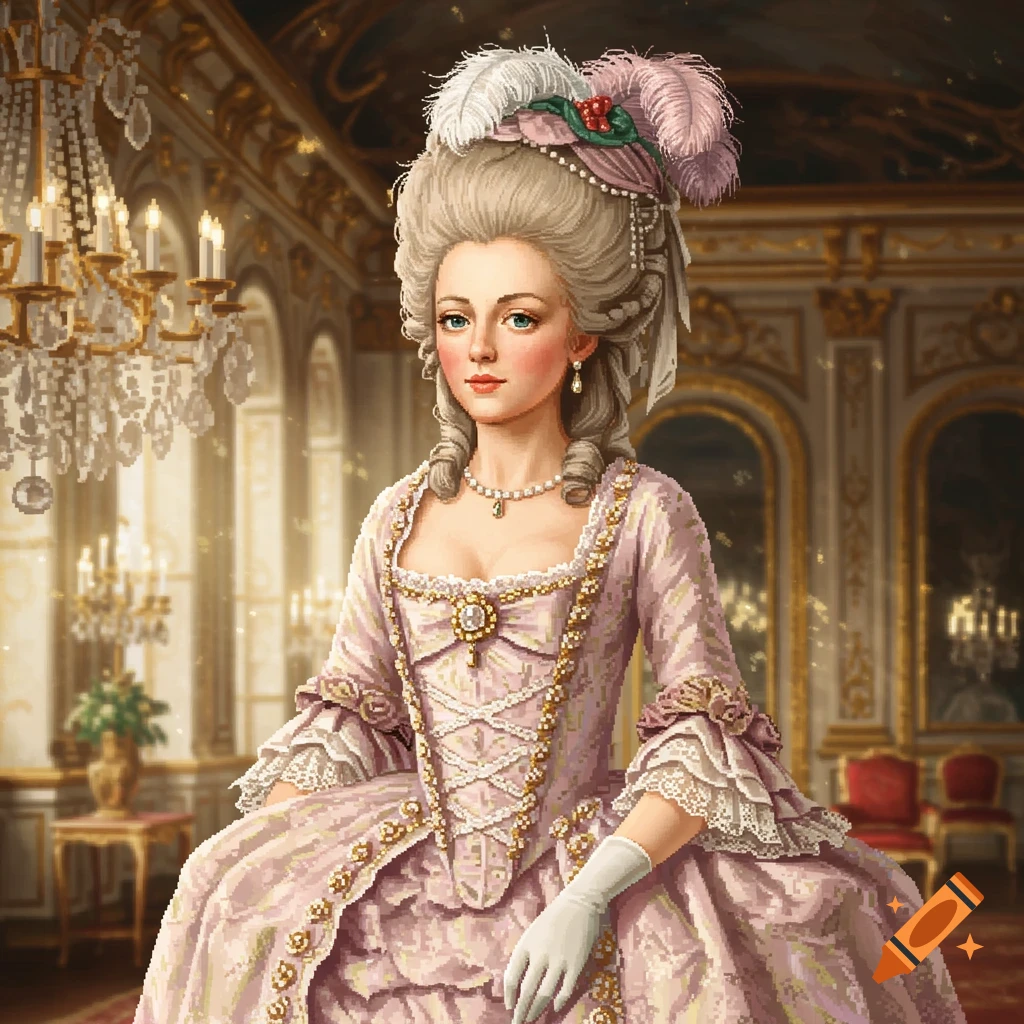Pixel art portrait of Marie Antoinette in a pink Rococo gown and feathered wig, set in a gilded palace room.
