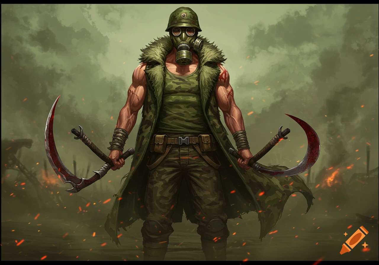 An anime-style character in a gas mask and camo outfit holds two bloodied sickles in a smoky, post-apocalyptic landscape.