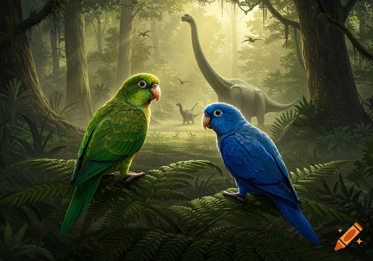 A green parrot and a blue parrot perch on a fern in a lush prehistoric jungle with dinosaurs and flying pterosaurs in the misty background.