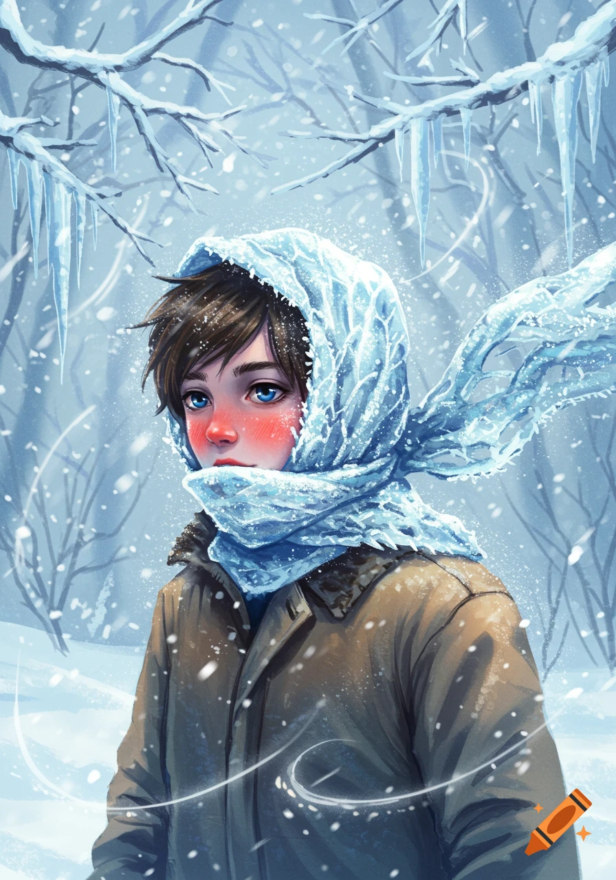 A male teenager with rosy cheeks in a frozen winter forest, wearing a brown coat and an icy blue headscarf, with snowflakes falling.