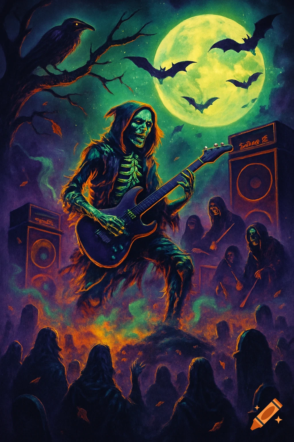 A skeletal figure in a hooded cloak plays an electric guitar at a concert in a graveyard, surrounded by cloaked figures and bats, under a full moon.