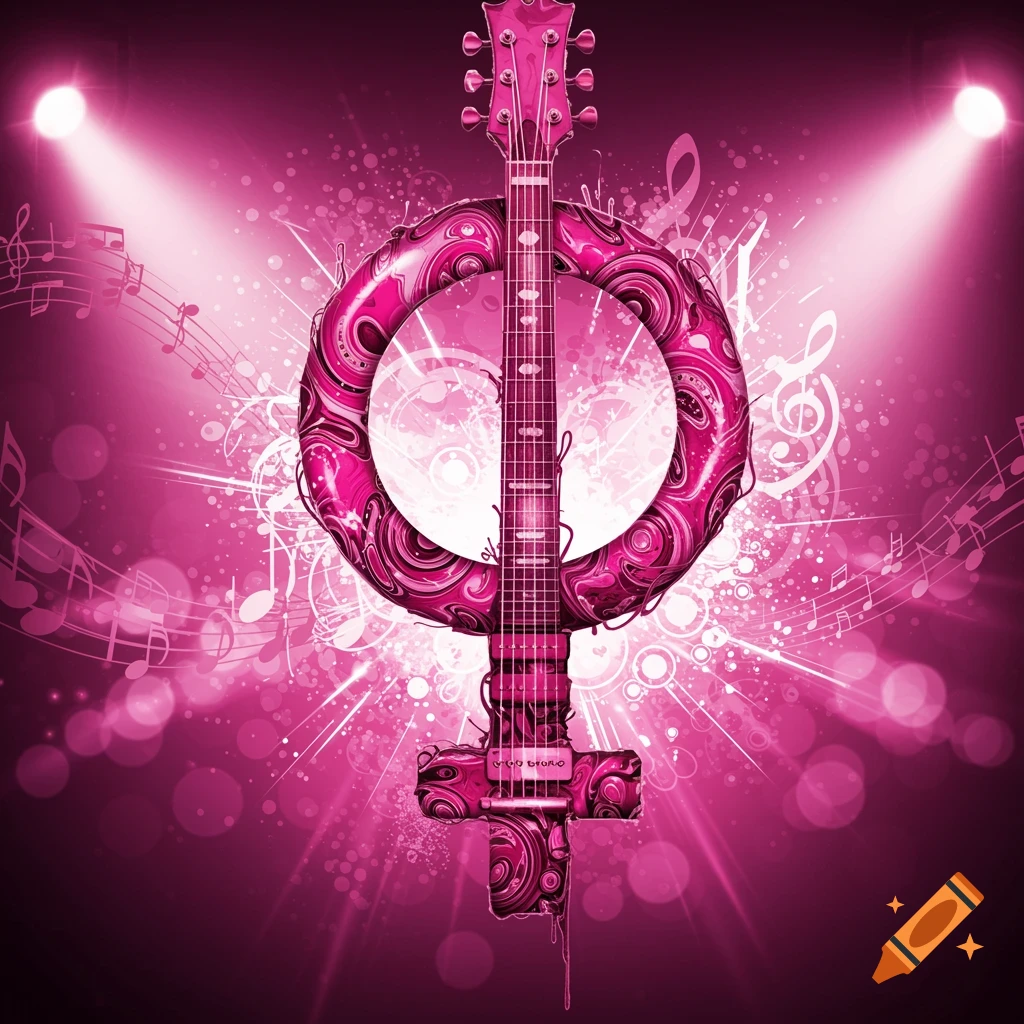 A vibrant pink graphic features a female symbol integrated with a guitar, surrounded by musical notes and spotlights.