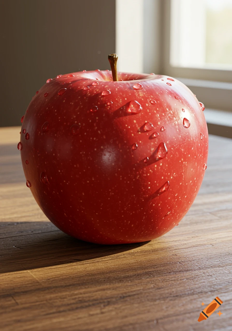 A close-up, photorealistic image of a vibrant red apple covered in water droplets, resting on a wooden surface near a window.