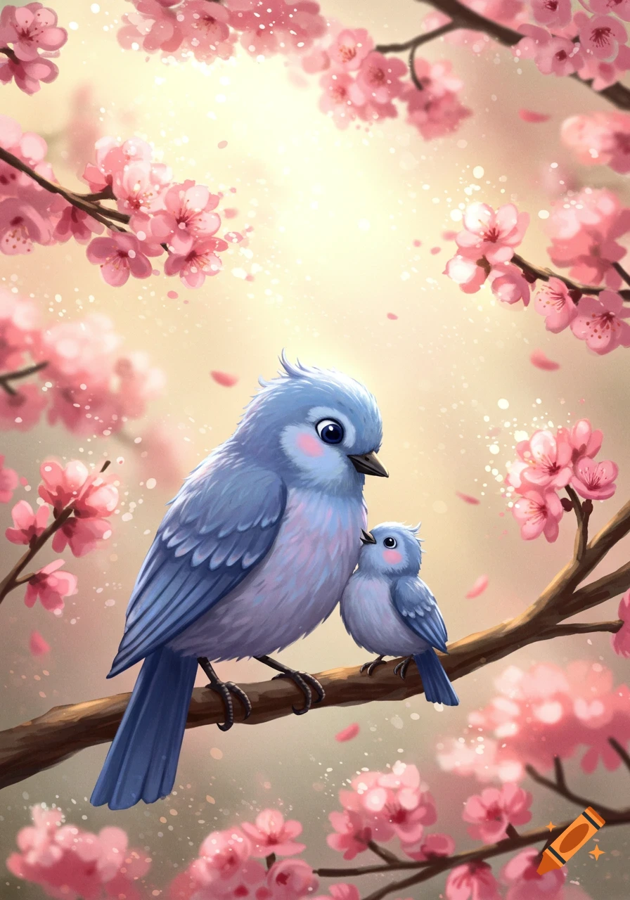 A large blue bird and a smaller blue bird perched on a branch surrounded by pink cherry blossoms and falling petals, in an illustration style.