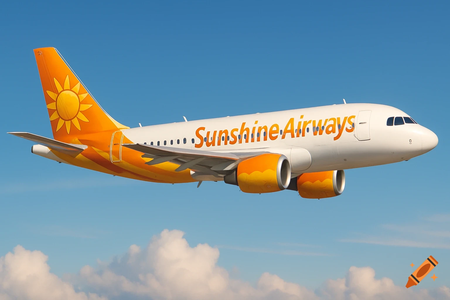 A white airplane with orange and yellow livery, featuring a sun logo on its tail and 'Sunshine Airways' on its side, flying in a blue sky with some clouds.