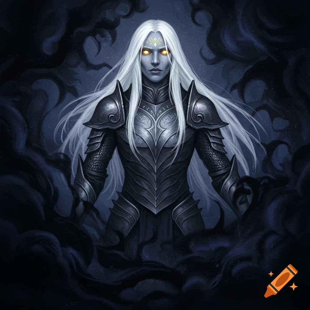 A fantasy figure with long white hair and glowing golden eyes wears dark, ornate armor, emerging from a swirling cloud of shadow.
