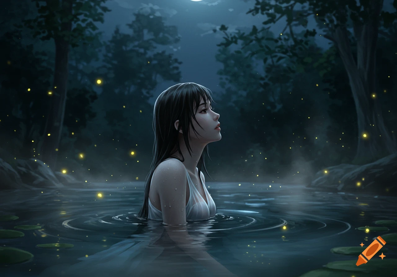 A young woman in a white top stands in a moonlit spring with glowing fireflies in a dark forest. Digital art.