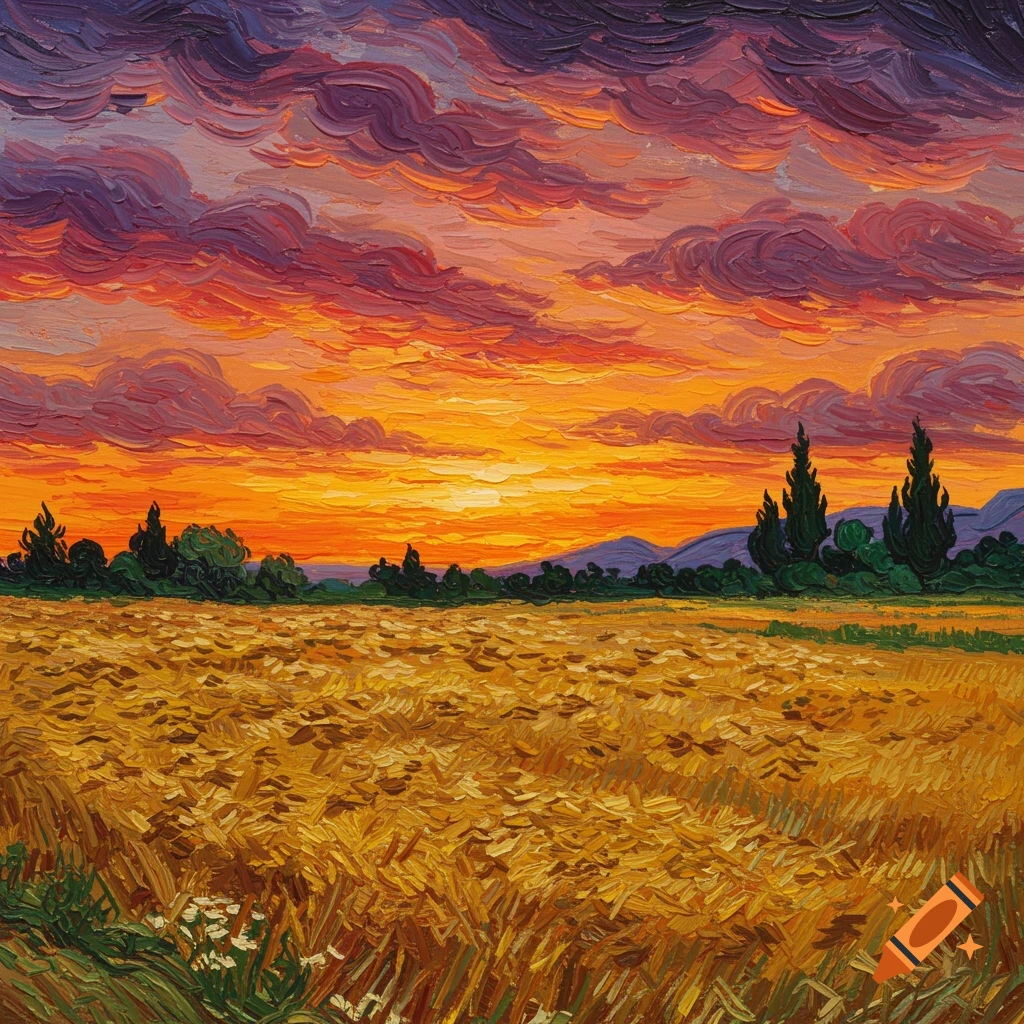 A landscape painting of a golden wheat field under a dramatic orange and purple sunset sky, in the thick impasto style of Vincent Van Gogh.