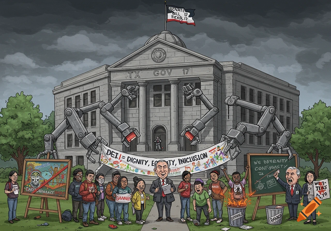 A satirical political cartoon shows a government building with robotic arms destroying symbols of DEI while protestors gather below. Dark clouds loom overhead.