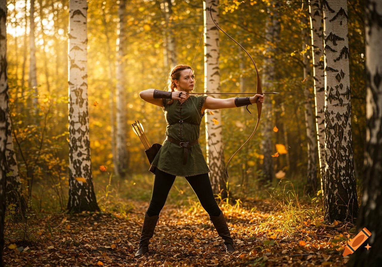 A female archer in a green tunic holds a bow and arrow, poised to shoot in a sunlit autumn forest.