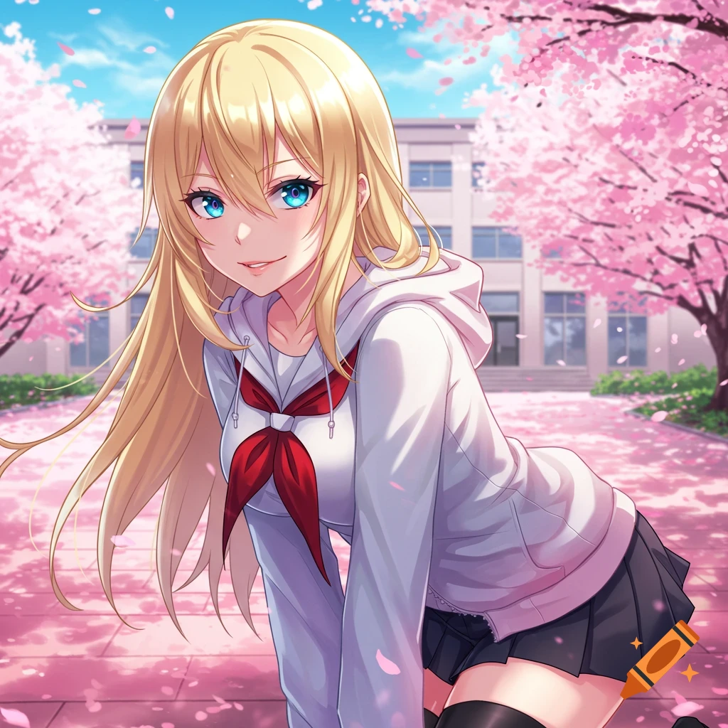 An anime girl with long blonde hair and blue eyes, wearing a white hoodie and a black skirt, in front of a school building with cherry blossoms.