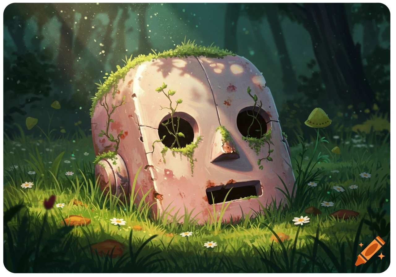 A large, discarded robot head overgrown with moss and vines lies in a lush, sunlit forest floor amidst grass and flowers, in a fantasy art style.