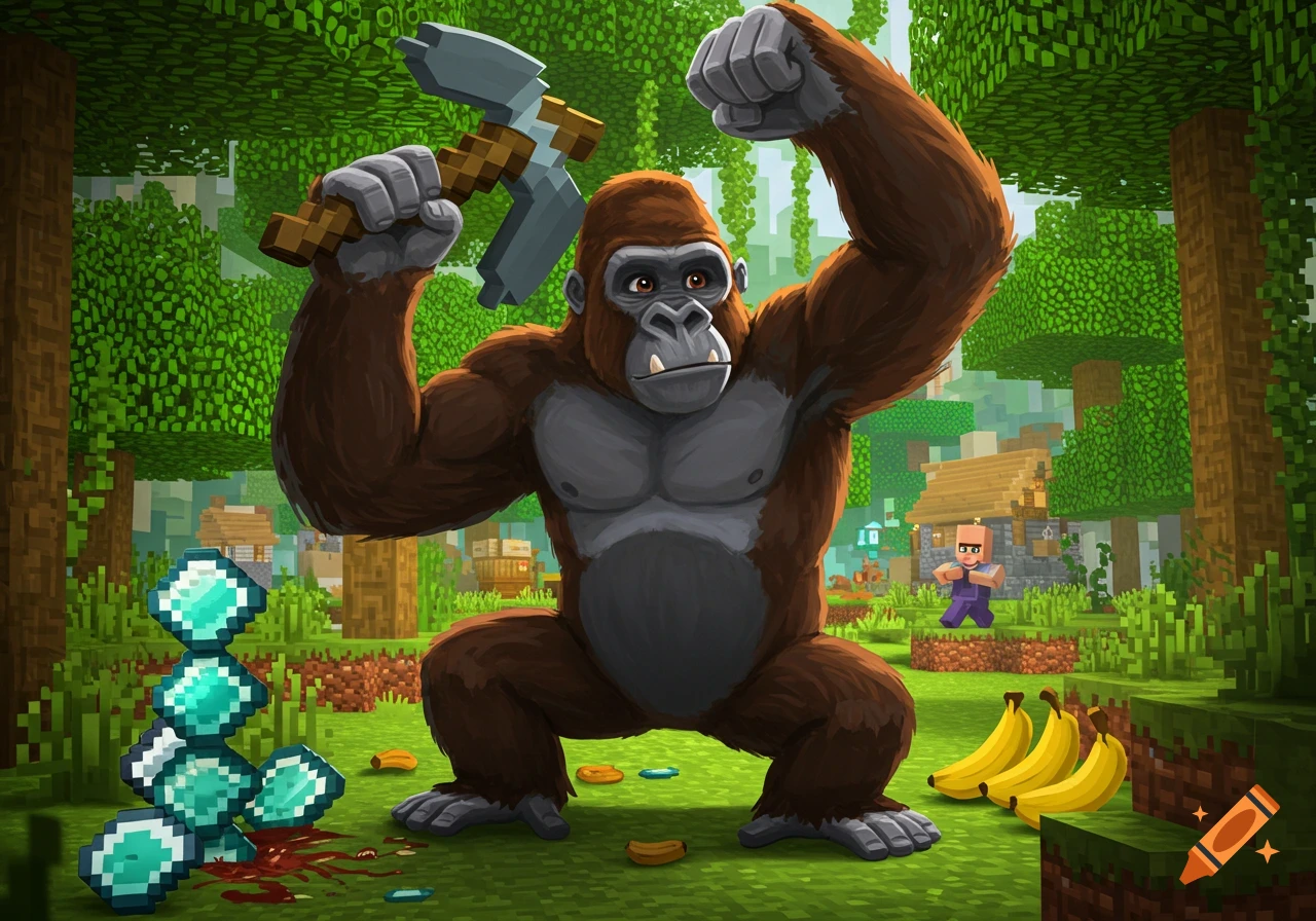 A muscled gorilla holds a pixelated pickaxe in a Minecraft jungle, with a pile of diamonds and a villager in the background.