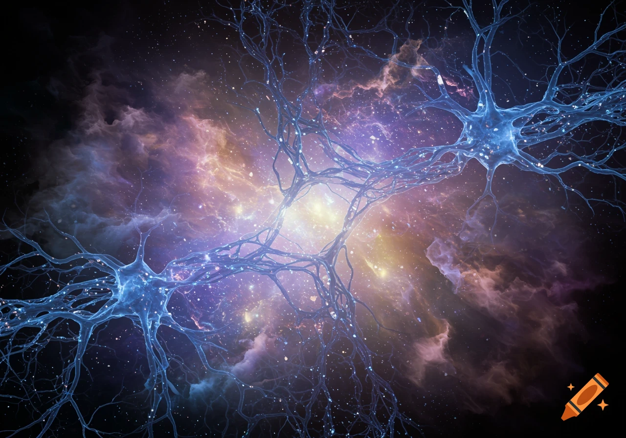 Blue neuron structures against a vibrant cosmic nebula background.