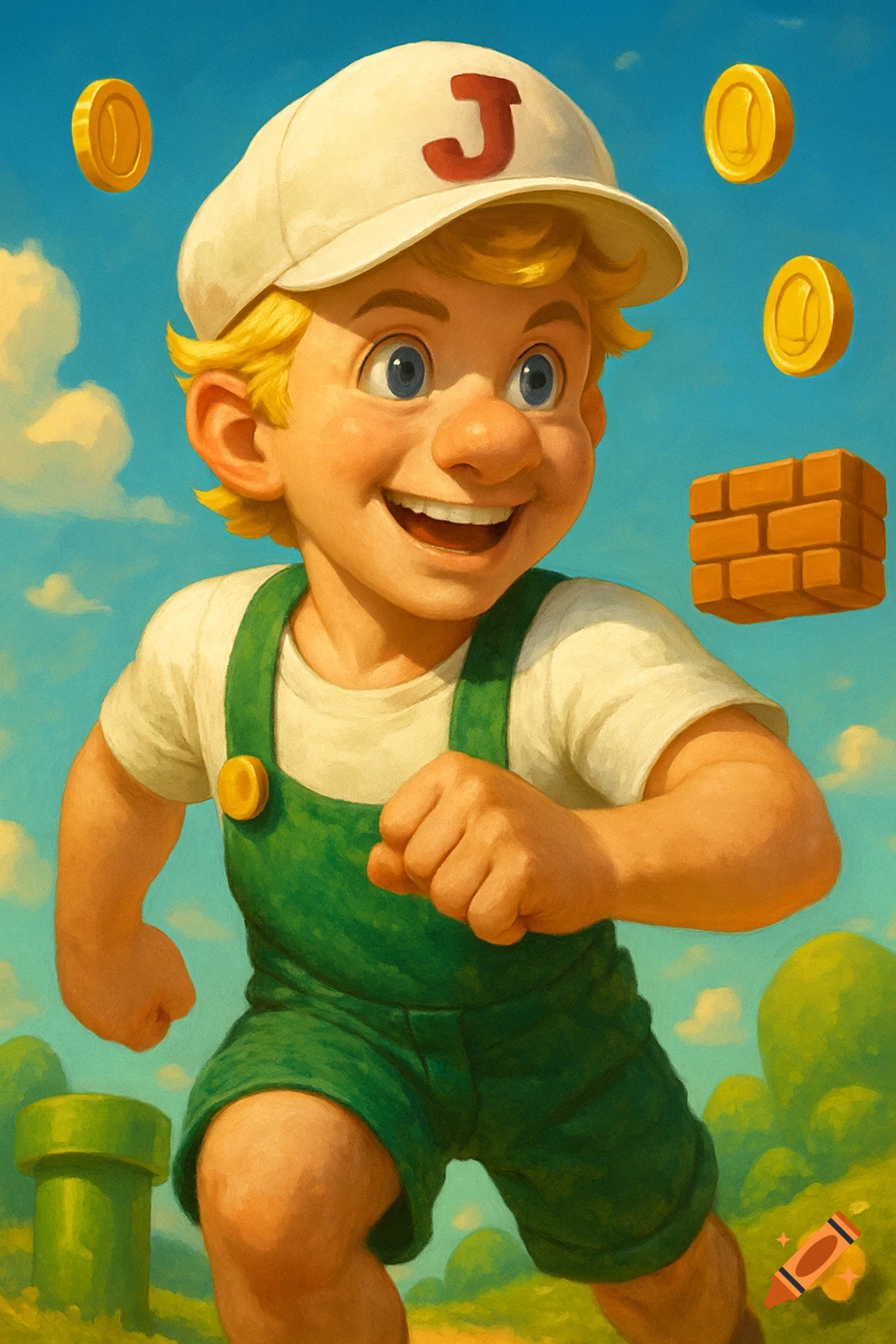 Blonde cartoon boy in green overalls and a white J-hat running in a bright Super Mario-esque landscape with floating coins and a brick block.