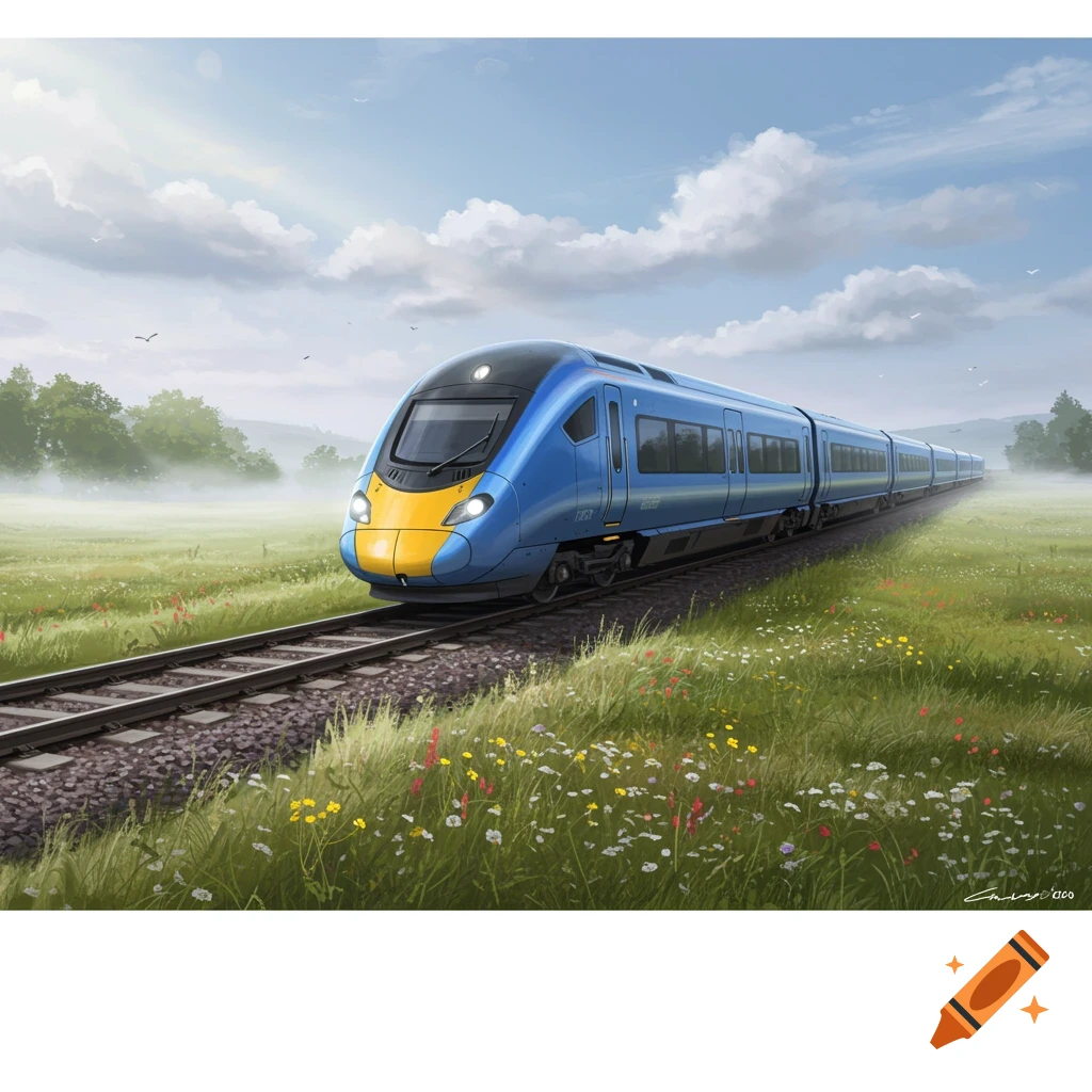 A blue and yellow high-speed train travels through a green, grassy field under a cloudy sky.