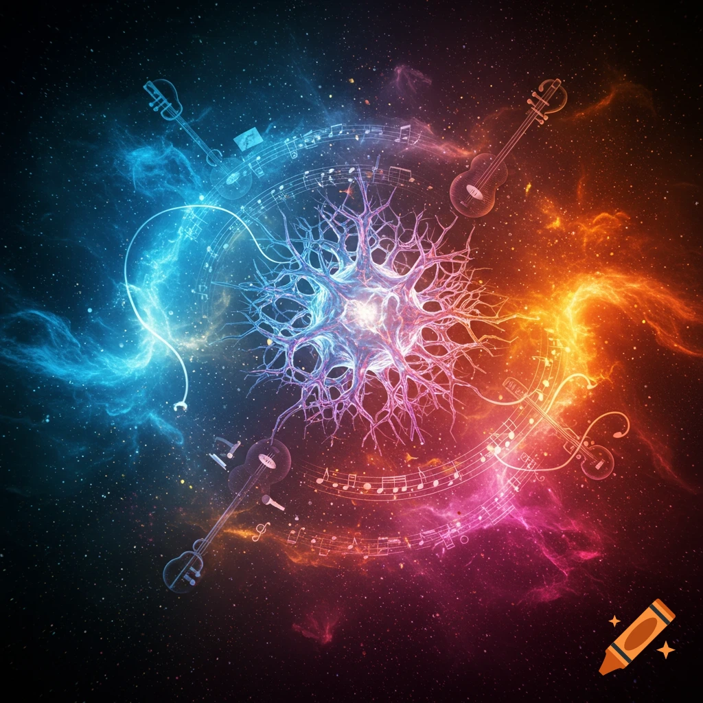 Vibrant abstract cosmic scene with a central neuron-like structure surrounded by swirling musical notes, staffs, and instruments.