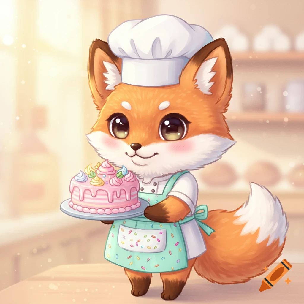 A cute, cartoon fox wearing a chef's hat and apron, holding a pink frosted cake with colorful icing, in a kawaii style.