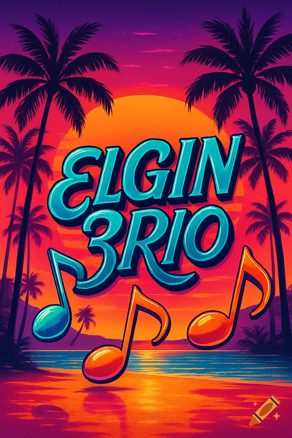 A vibrant band poster for ELGIN 3RIO featuring a sunset beach scene with silhouetted palm trees and floating music notes.