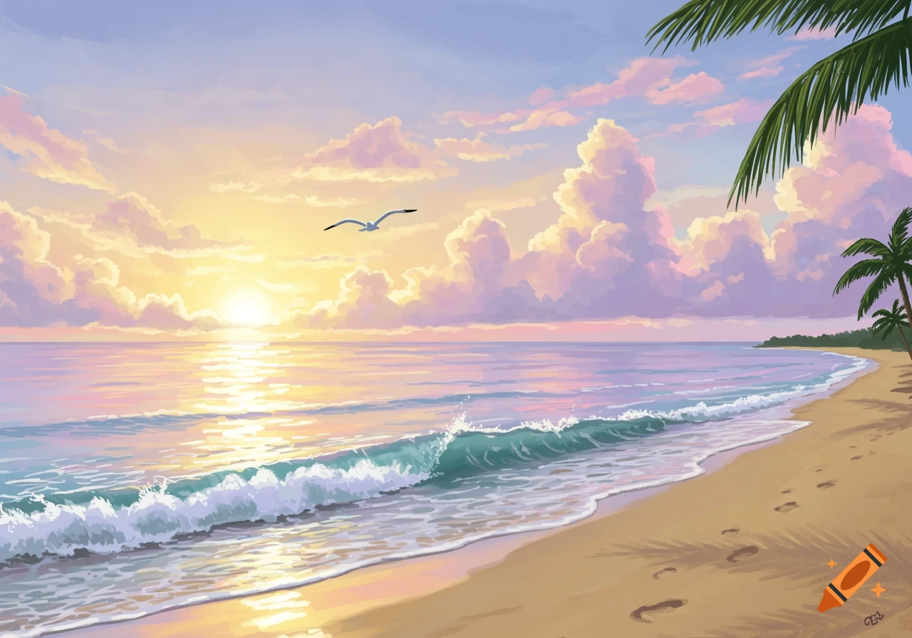 Stylized illustration of a tropical beach at sunset with pastel sky, waves on the shore, a palm tree, and a bird flying.