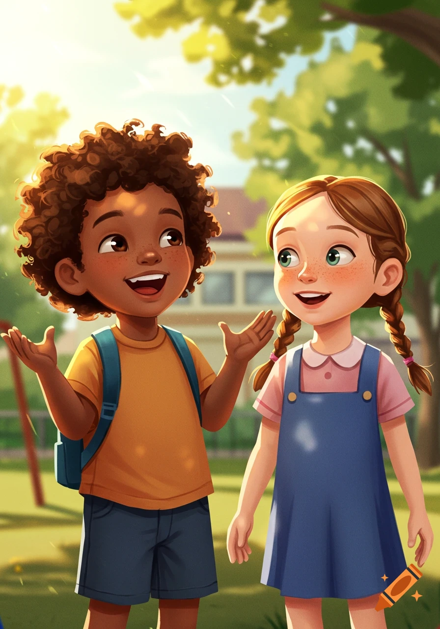 Two smiling cartoon children, a boy with curly hair and a girl with braids, talk in a sunny park.