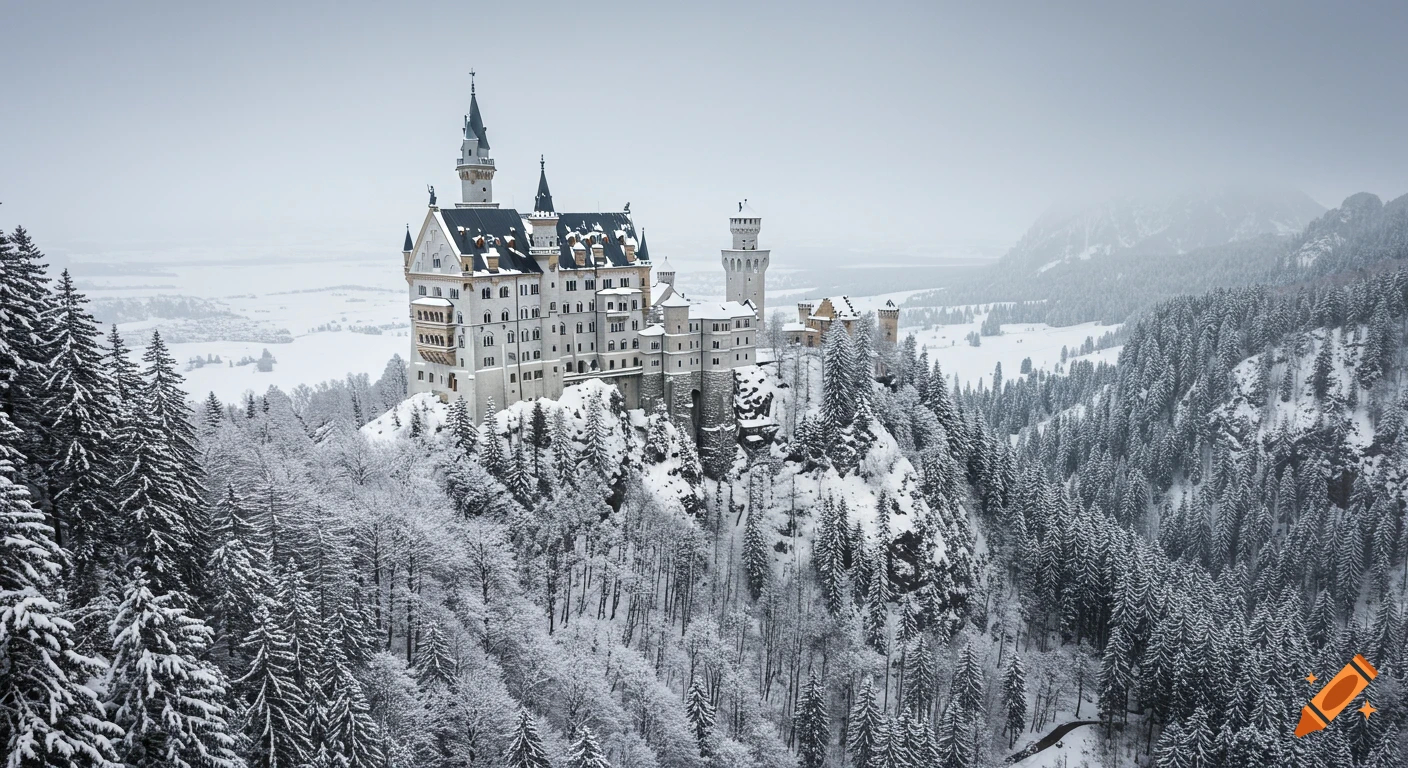 Neuschwanstein Castle on a snow-covered mountain, surrounded by pine trees on a foggy winter morning.