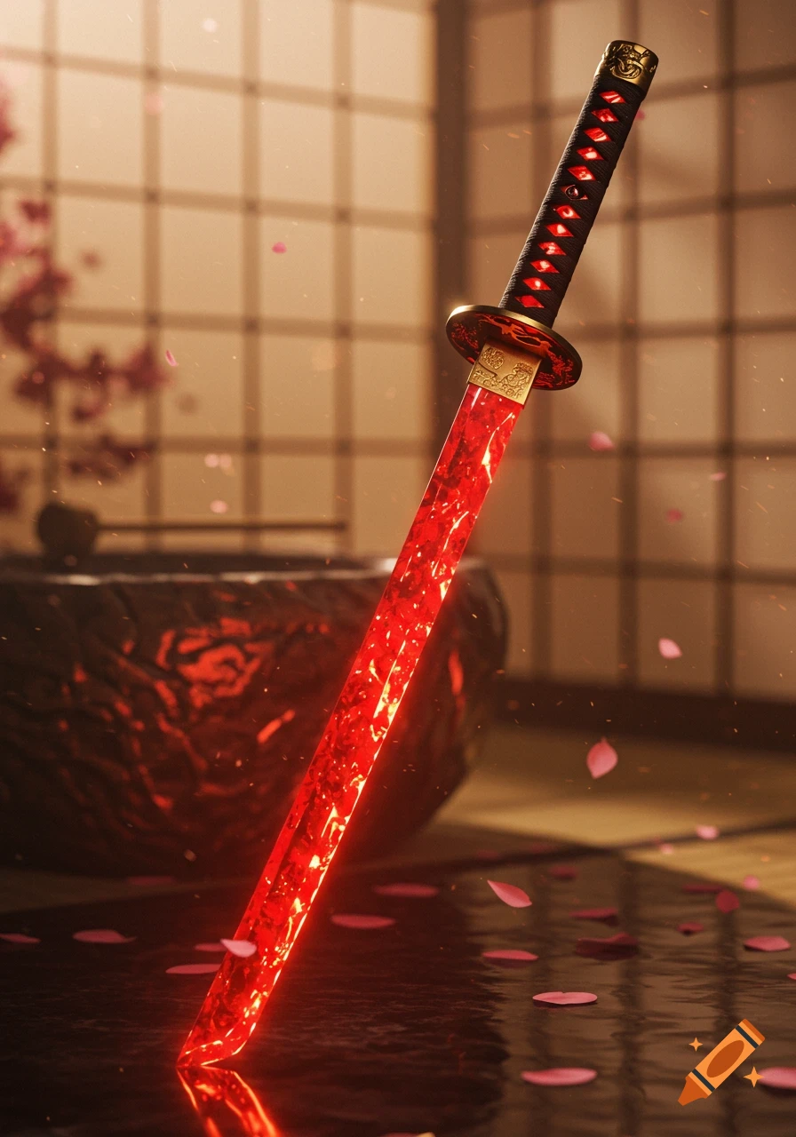 A glowing red ruby katana stands upright in a traditional Japanese room with falling cherry blossoms.