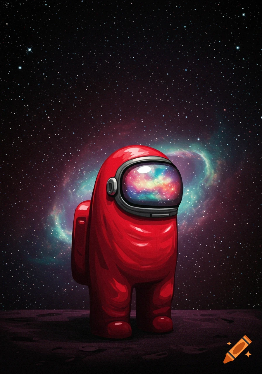 A red Among Us character with a colorful galaxy reflected in its visor stands on a dark, rocky surface under a starry, cosmic sky with a nebula.