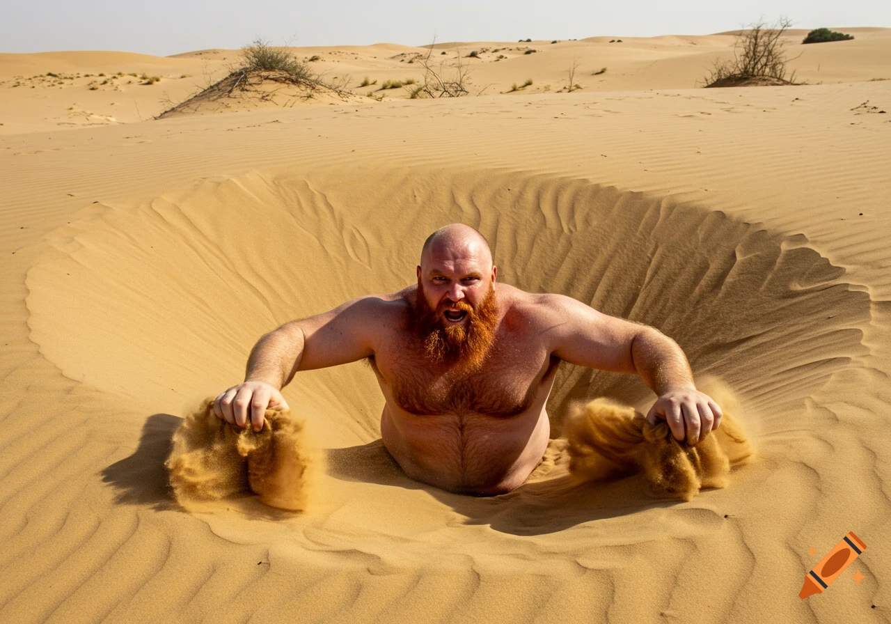 A bald man with a red beard emerges from a hole in the sand in a desert, pushing sand aside.