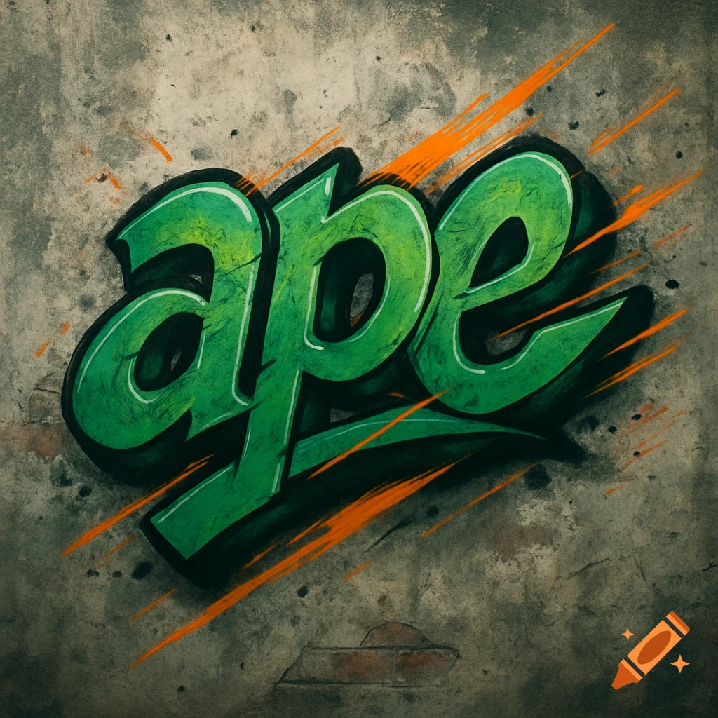 Green graffiti word 'ape' on a weathered concrete wall, with orange speed lines suggesting motion.