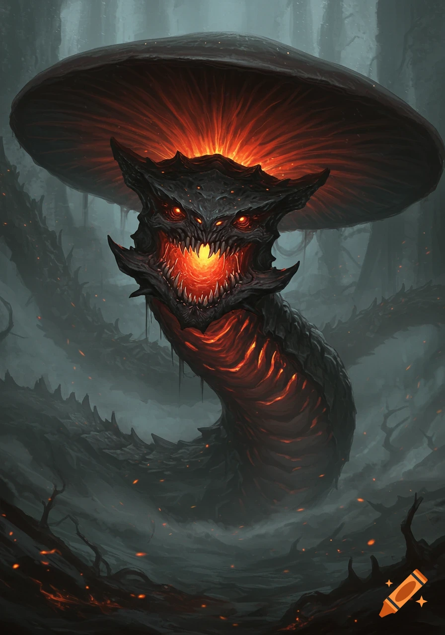 A monstrous, dark creature with glowing red eyes and mouth, and a mushroom-like cap, rises from a misty forest.