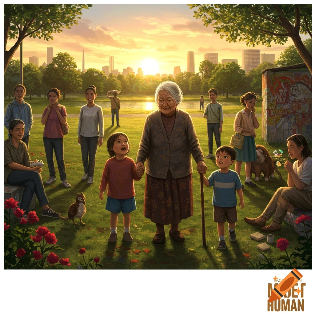 An elderly woman holds hands with two young children in a sunlit park, surrounded by people, a dog, and a cityscape in the background.